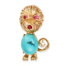A TURQUOISE AND RUBY DOG BROOCH designed as a dog, the body set with an oval cabochon turquoise, ...
