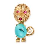 A TURQUOISE AND RUBY DOG BROOCH designed as a dog, the body set with an oval cabochon turquoise, ...