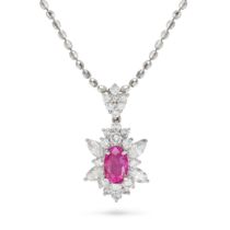 A BURMA NO HEAT RUBY AND DIAMOND PENDANT NECKLACE the pendant set with an oval cut ruby of 1.65 c...