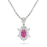 A BURMA NO HEAT RUBY AND DIAMOND PENDANT NECKLACE the pendant set with an oval cut ruby of 1.65 c...