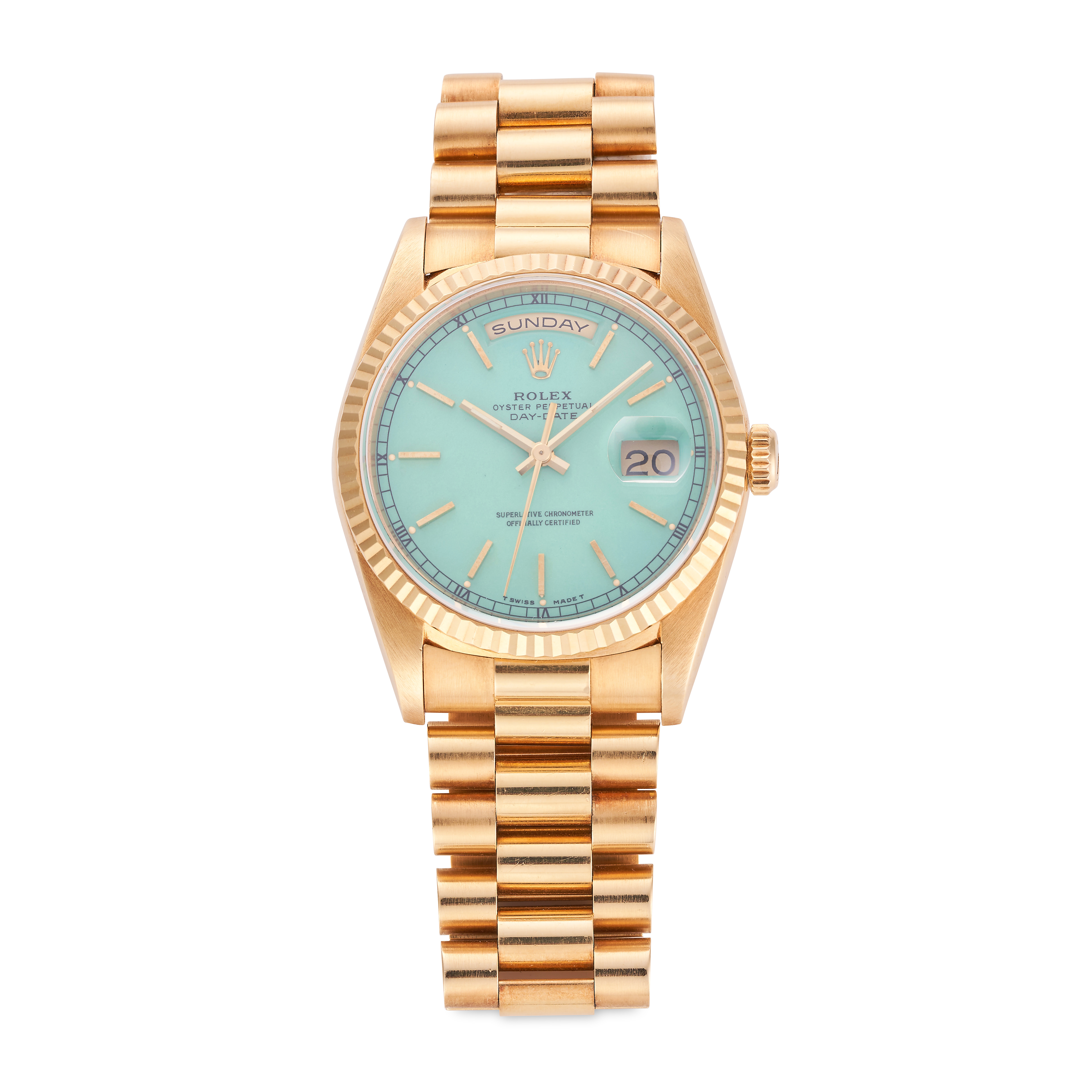 ROLEX, A DAY-DATE 36 WRISTWATCH in 18ct yellow gold, ref. 18238, E9XXXXX, circa 1990, gold fluted...