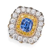 A CEYLON NO HEAT SAPPHIRE AND DIAMOND DRESS RING set with a cushion cut sapphire of 6.88 carats i...