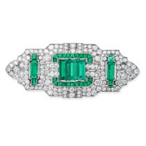 AN EMERALD AND DIAMOND BROOCH the openwork geometric brooch set with three principal octagonal st...