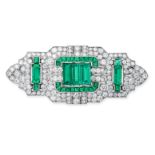 AN EMERALD AND DIAMOND BROOCH the openwork geometric brooch set with three principal octagonal st...
