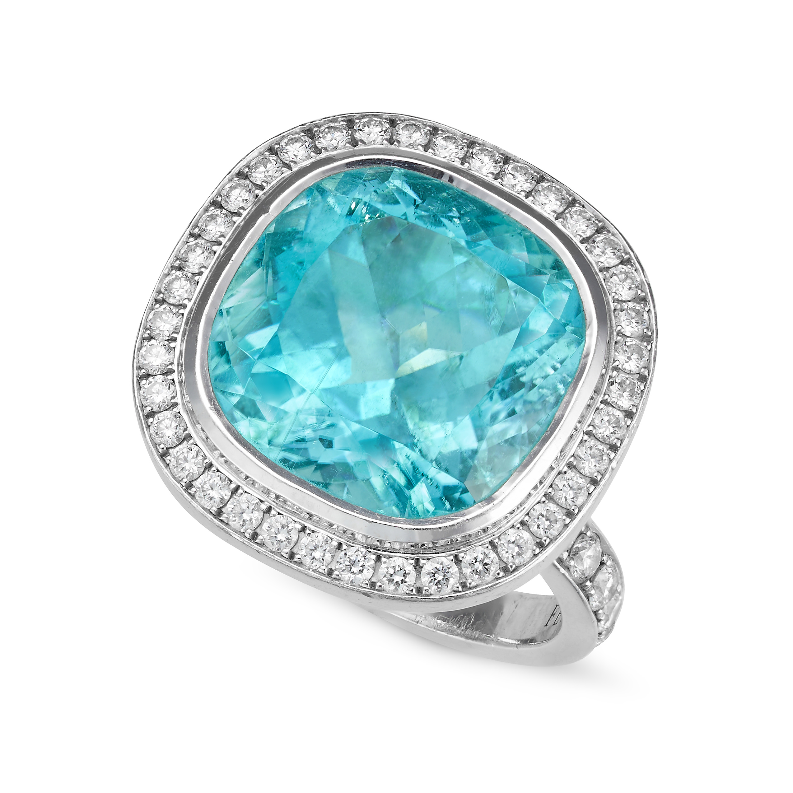 THEO FENNELL, A 11.43 CARAT PARAIBA TOURMALINE AND DIAMOND RING in 18ct white gold, set with a cu...