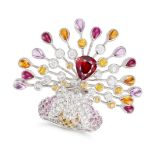BOUCHERON, A MULTIGEM PEACOCK RING designed as a peacock set with round brilliant cut diamonds an...