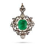 AN ANTIQUE FRENCH EMERALD AND DIAMOND PENDANT in 18ct yellow gold and silver, set with a cabochon...