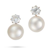 A PAIR OF NATURAL SALTWATER PEARL AND DIAMOND DROP EARRINGS in yellow gold, each set with an old ...