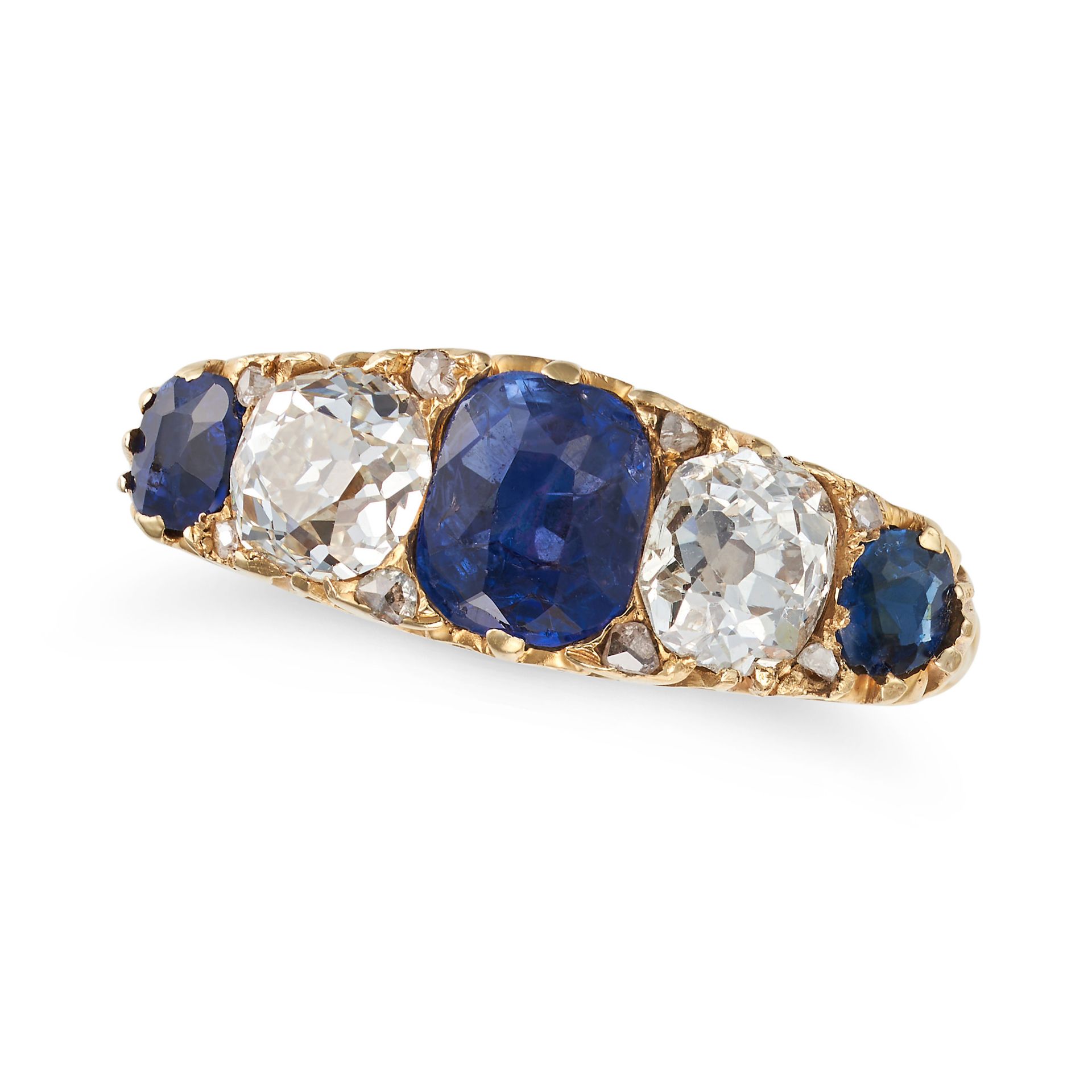 AN ANTIQUE SAPPHIRE AND DIAMOND FIVE STONE RING in 18ct yellow gold, set with a row of alternatin...
