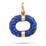 A VINTAGE LAPIS LAZULI PENDANT deigned as an open oval set with carved lapis lazuli, stamped 750,...