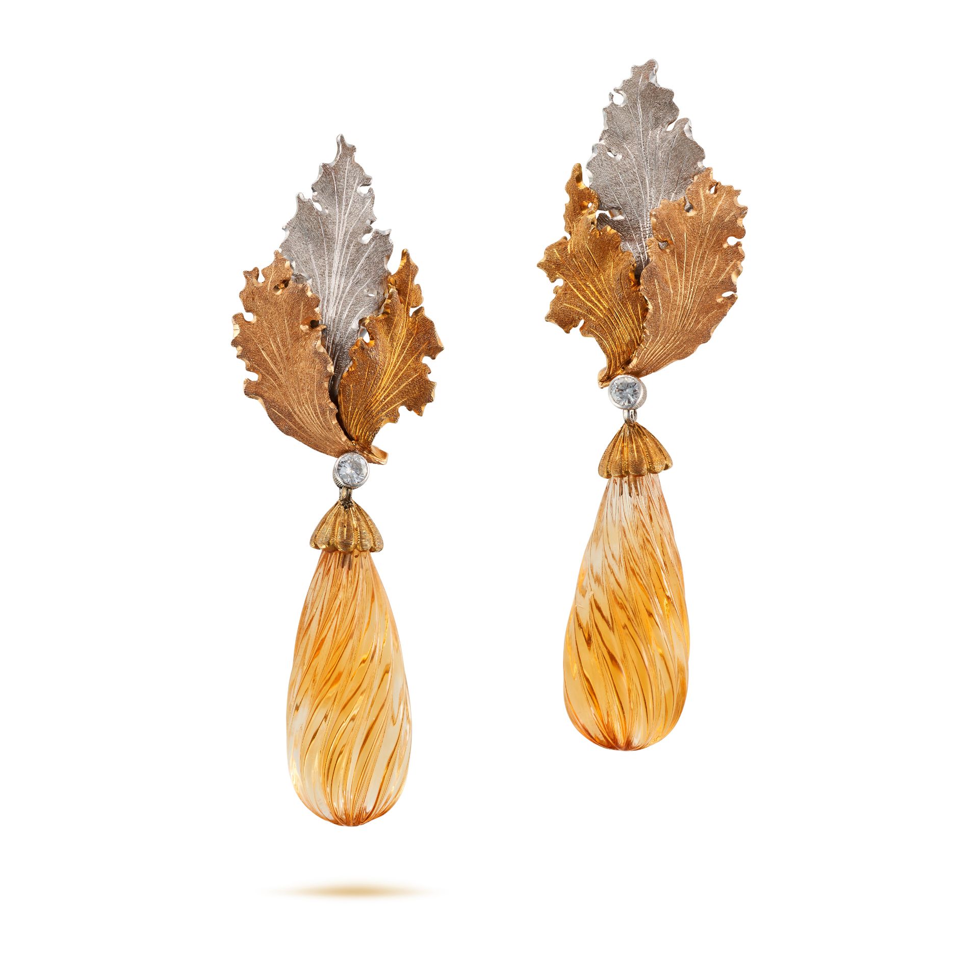 BUCCELLATI, A PAIR OF CITRINE AND DIAMOND DROP EARRINGS each in foliate design set with a round b...