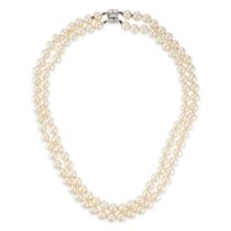 A TWO ROW PEARL NECKLACE WITH A VAN CLEEF & ARPELS DIAMOND CLASP in platinum and 18ct gold, compr...