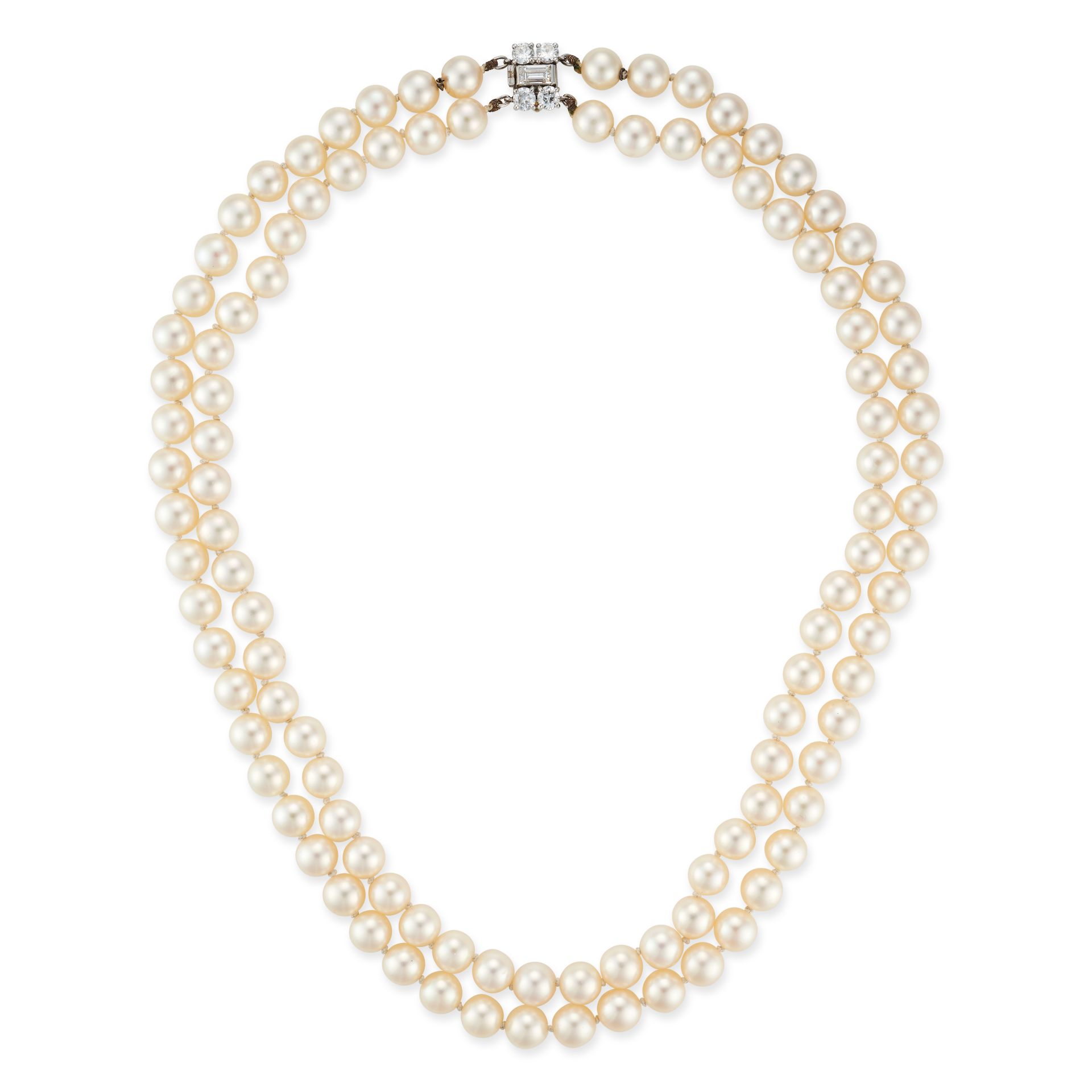 A TWO ROW PEARL NECKLACE WITH A VAN CLEEF & ARPELS DIAMOND CLASP in platinum and 18ct gold, compr...