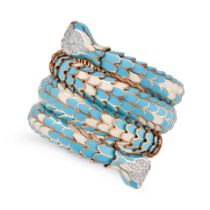 ALEXIS NY, A DIAMOND, SAPPHIRE AND TURQUOISE ENAMEL DOUBLED HEADED SNAKE BRACELET the snake compr...