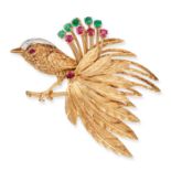 CARTIER, A VINTAGE RUBY, EMERALD AND DIAMOND BIRD BROOCH in 18ct yellow gold, designed as a bird ...