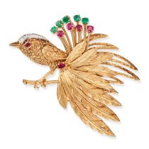 CARTIER, A VINTAGE RUBY, EMERALD AND DIAMOND BIRD BROOCH in 18ct yellow gold, designed as a bird ...
