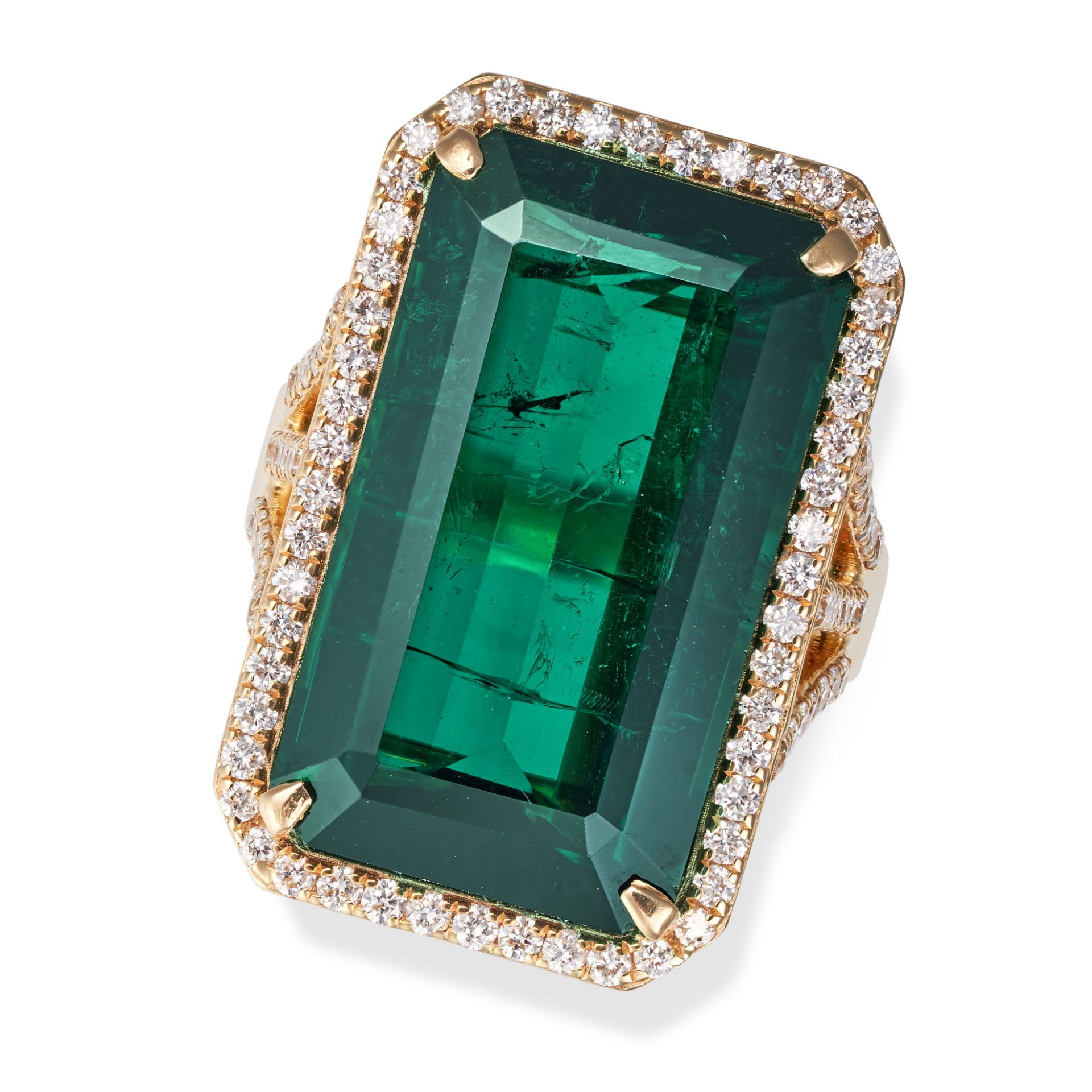 A GREEN TOURMALINE AND DIAMOND RING set with an octagonal step cut green tourmaline of 23.29 cara...