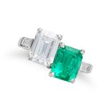 A FINE D COLOUR DIAMOND AND COLOMBIAN EMERALD TOI ET MOI RING in platinum, set with an emerald cu...