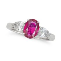 A BURMA NO HEAT RUBY AND DIAMOND THREE STONE RING set with an oval cut ruby of 1.06 carats accent...