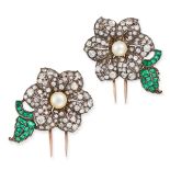 A PAIR OF ANTIQUE DIAMOND, PEARL AND EMERALD FLOWER CLIP BROOCHES in yellow gold and silver, each...