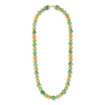 A CHINESE CARVED JADEITE JADE, PEARL AND GOLD BEAD NECKLACE comprising Chinese carved jadeite jad...