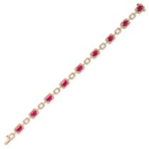 A RUBY AND DIAMOND BRACELET set with nine octagonal step cut rubies in borders of round brilliant...