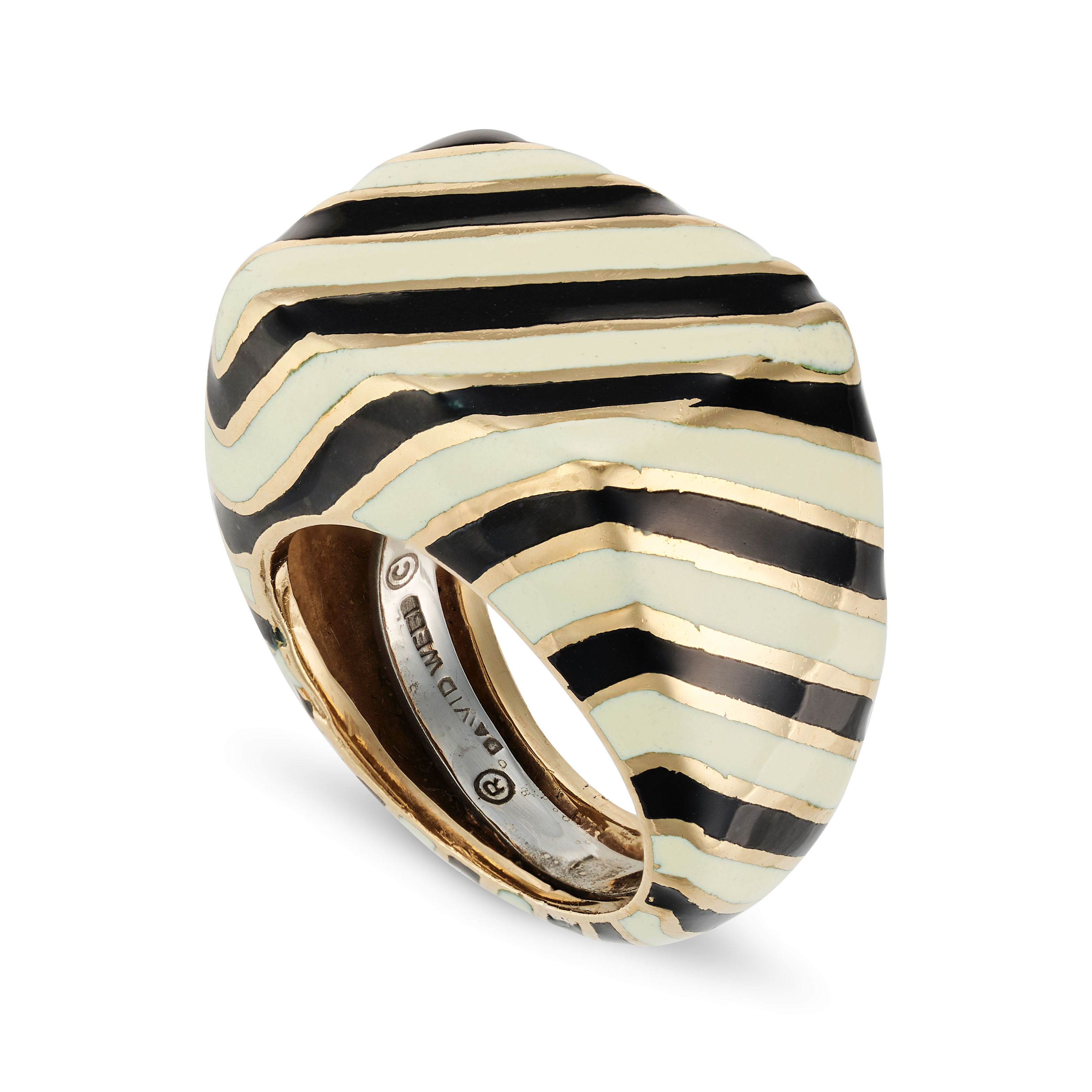 DAVID WEBB, AN ENAMEL DRESS RING decorated throughout with stripes of black and cream enamel, sig... - Image 2 of 3