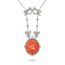 AN ANTIQUE CORAL AND DIAMOND PENDANT NECKLACE, EARLY 20TH CENTURY in platinum, the pendant design...