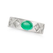 CHANEL, AN EMERALD AND DIAMOND RING in 18ct white gold, set with an oval cabochon emerald accente...