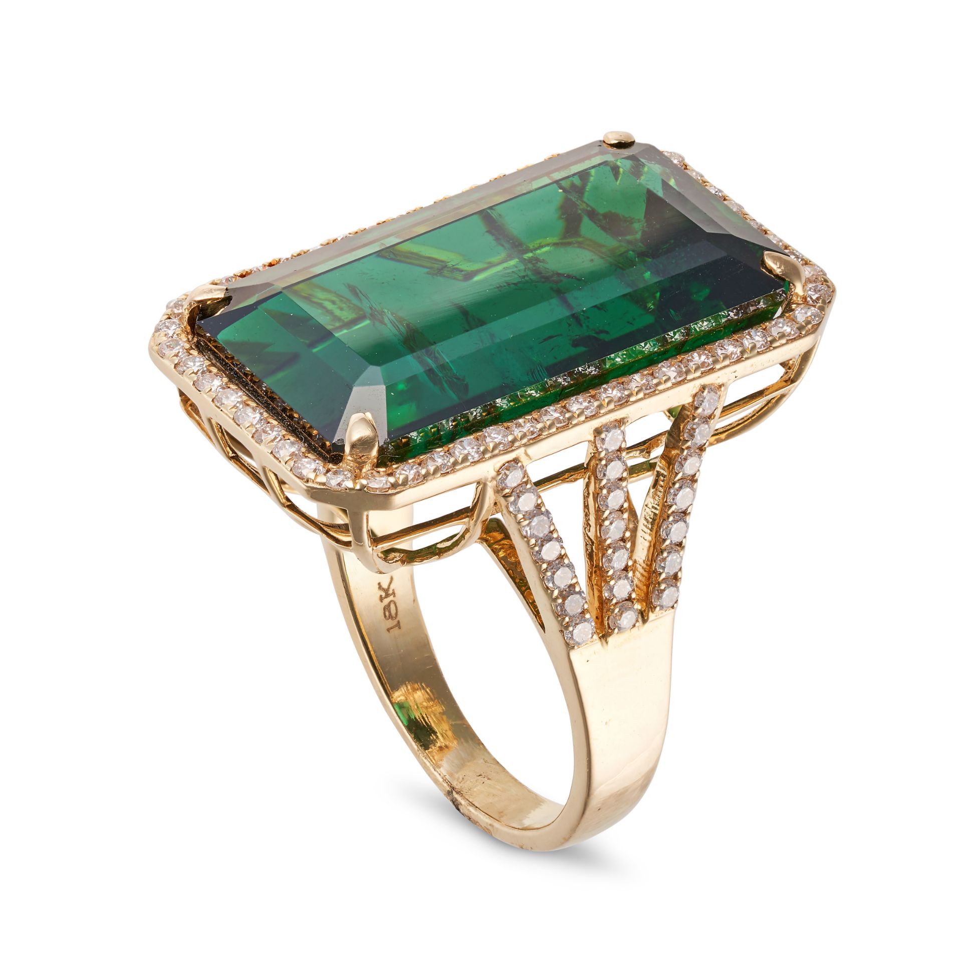 A GREEN TOURMALINE AND DIAMOND RING set with an octagonal step cut green tourmaline of 23.29 cara... - Image 2 of 2