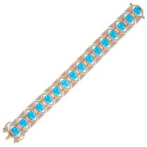 A TURQUOISE AND DIAMOND BRACELET set with a row of oval cabochon turquoise in hexagonal frames of...