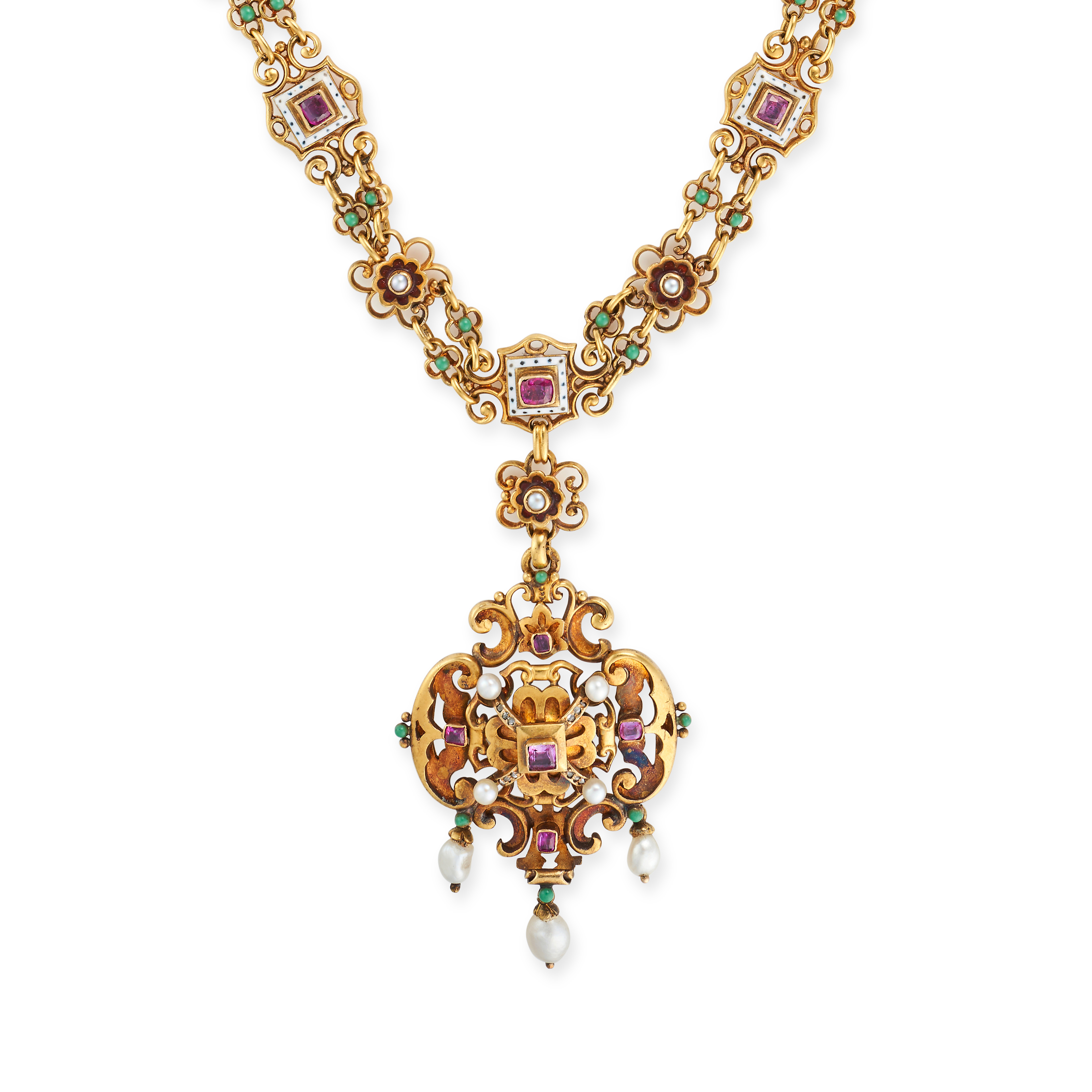 AN ANTIQUE RENAISSANCE REVIVAL RUBY, TURQUOISE, PEARL AND ENAMEL PENDANT NECKLACE in yellow gold,... - Image 3 of 4