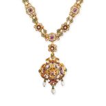 AN ANTIQUE RENAISSANCE REVIVAL RUBY, TURQUOISE, PEARL AND ENAMEL PENDANT NECKLACE in yellow gold,...