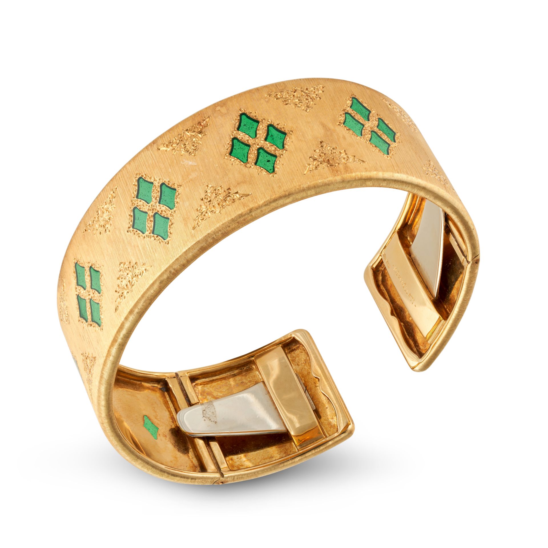 BUCCELLATI, AN ENAMEL BANGLE the open cuff hinged bangle inlaid with green plique a jour enamel, ... - Image 3 of 3