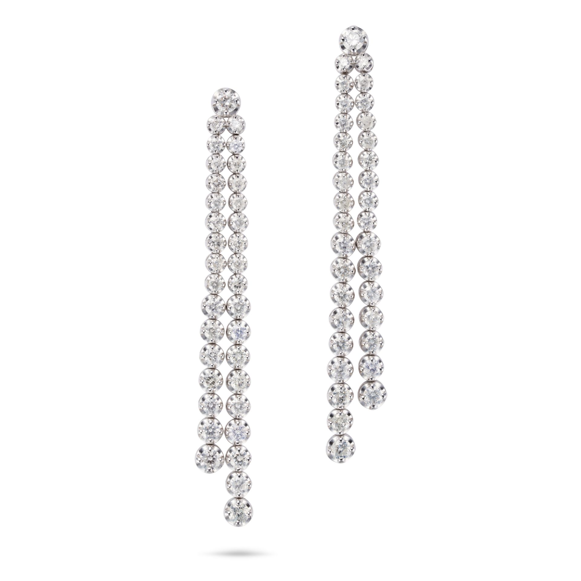 A PAIR OF DIAMOND DROP EARRINGS each set with a round brilliant cut diamond, suspending two artic...