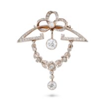 A BELLE EPOQUE DIAMOND BROOCH the scrolling body set with single and old cut diamonds, suspending...