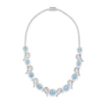 AN AQUAMARINE AND DIAMOND NECKLACE set with octagonal step cut aquamarines in clusters of round b...
