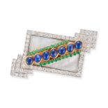 A SAPPHIRE, DIAMOND, EMERALD AND MOTHER OF PEARL BROOCH comprising a rectangular mother of pearl ...