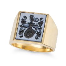 A SARDONYX INTAGLIO SIGNET RING set with an sardonyx intaglio carved to depict a family crest, st...