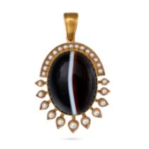 AN ANTIQUE BANDED AGATE AND PEARL MOURNING PENDANT in yellow gold, set with a cabochon banded aga...