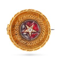 AN ANTIQUE GARNET AND DIAMOND BROOCH the domed face set with cabochon garnet, accented by star mo...