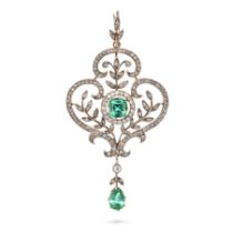 AN ANTIQUE GREEN TOURMALINE AND DIAMOND PENDANT in yellow gold and silver, the openwork foliate s...