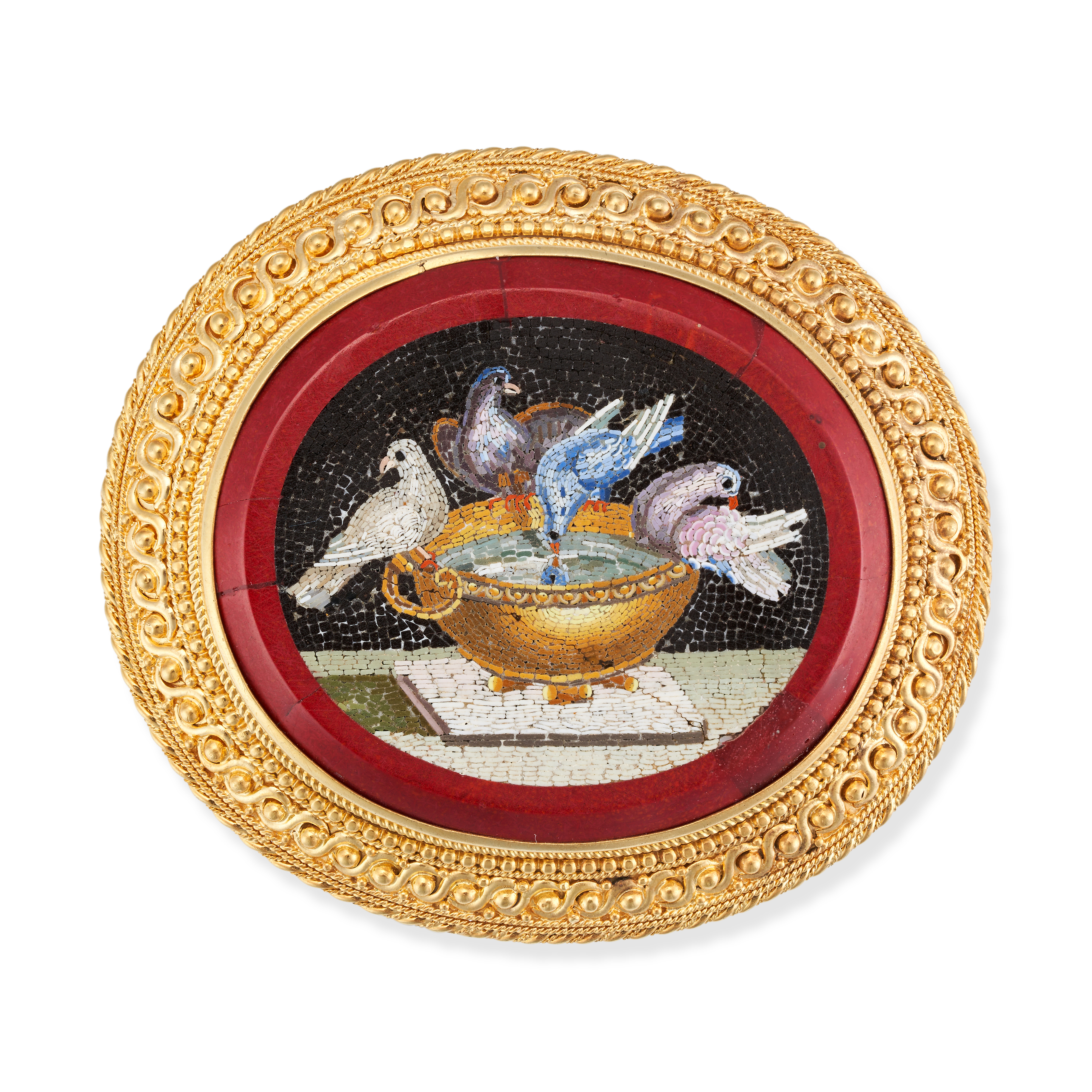 AN ANTIQUE DOVES OF PLINY MICROMOSAIC BROOCH in yellow gold, the oval brooch set inlaid with mult...