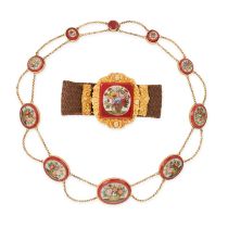 AN ANTIQUE MICROMOSAIC NECKLACE AND BRACELET SUITE the necklace comprising a series of nine jaspe...