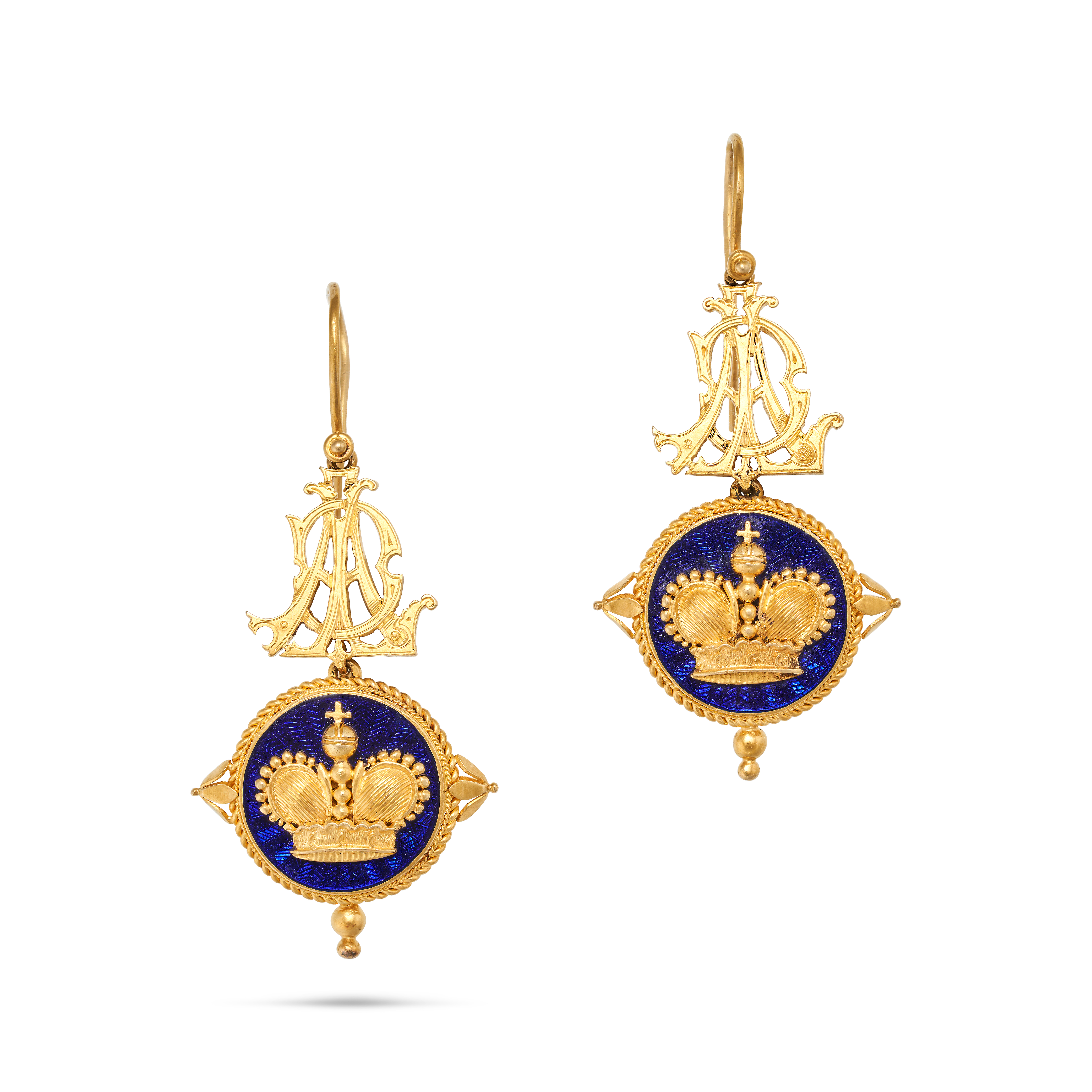 JOHN BROGDEN, A PAIR OF ENAMEL AND GOLD DROP EARRINGS in yellow gold, each designed with an ornat...