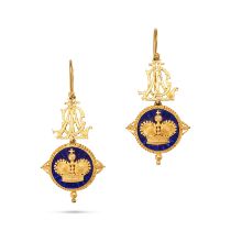 JOHN BROGDEN, A PAIR OF ENAMEL AND GOLD DROP EARRINGS in yellow gold, each designed with an ornat...