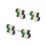 A PAIR OF FRENCH JADEITE JADE AND LAPIS LAZULI CUFFLINKS in 18ct white gold, the geometric faces ...