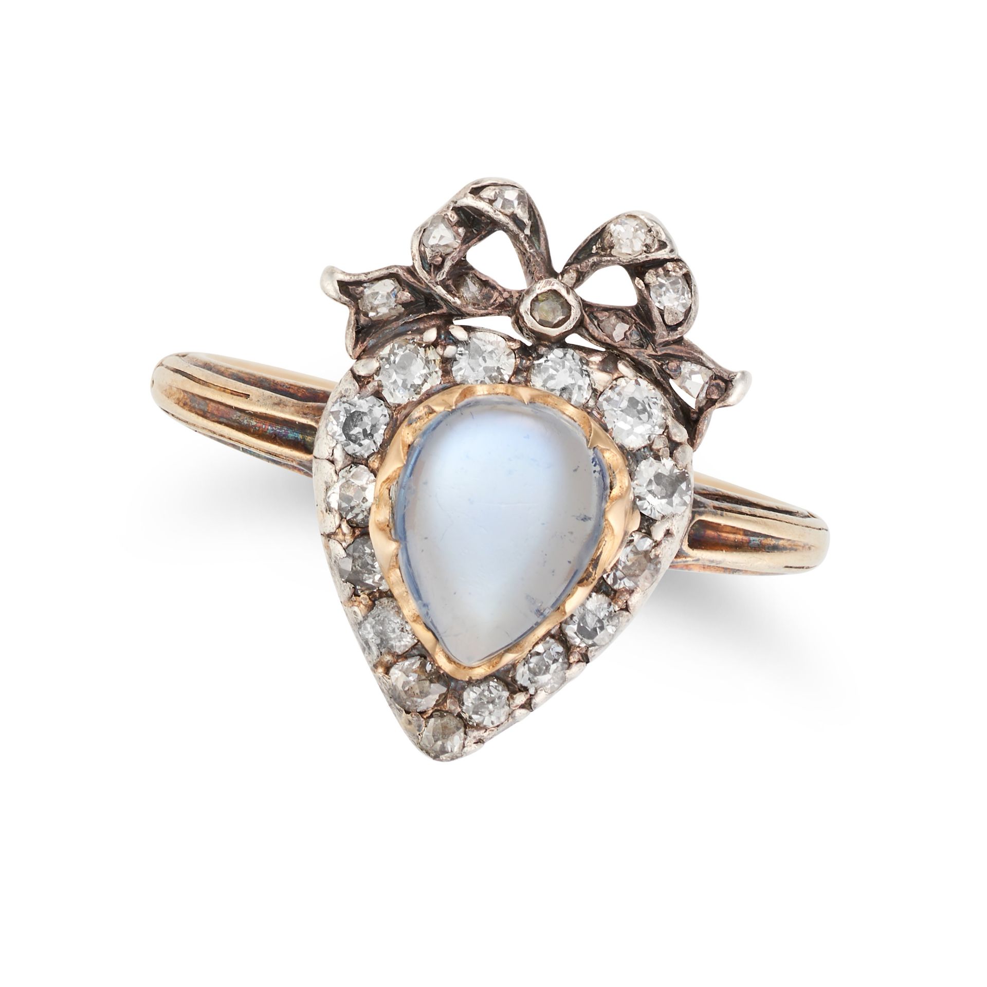 AN ANTIQUE MOONSTONE AND DIAMOND RING in 18ct yellow gold and silver, set with a pear shaped cabo...