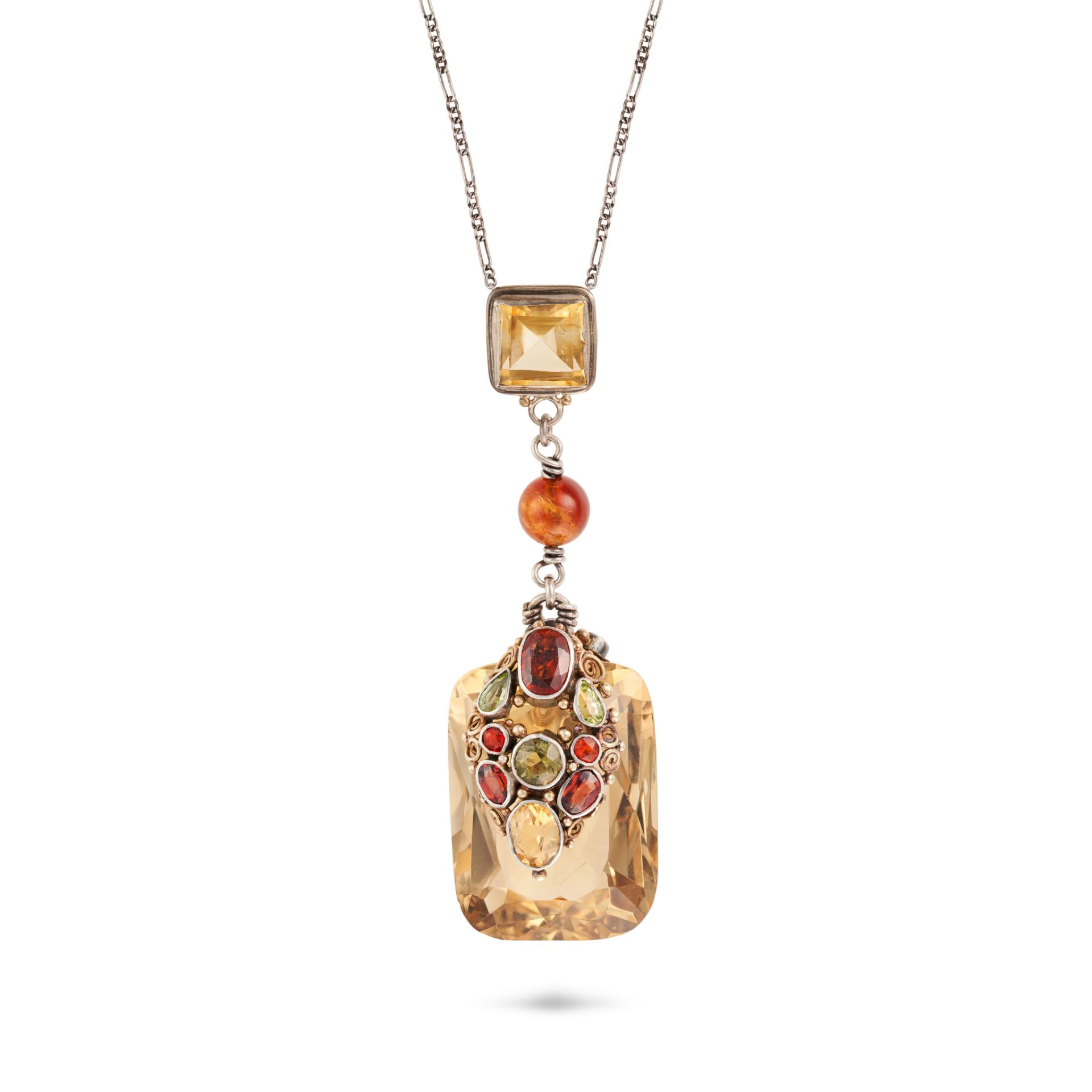 ATTR DORRIE NOSSITER, AN ARTS AND CRAFTS CITRINE, AMBER, HESSONITE GARNET AND PERIDOT PENDANT NEC...