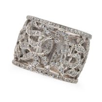 A DIAMOND OPENWORK BAND RING the wide openwork band ring in foliate design, set with round cut di...